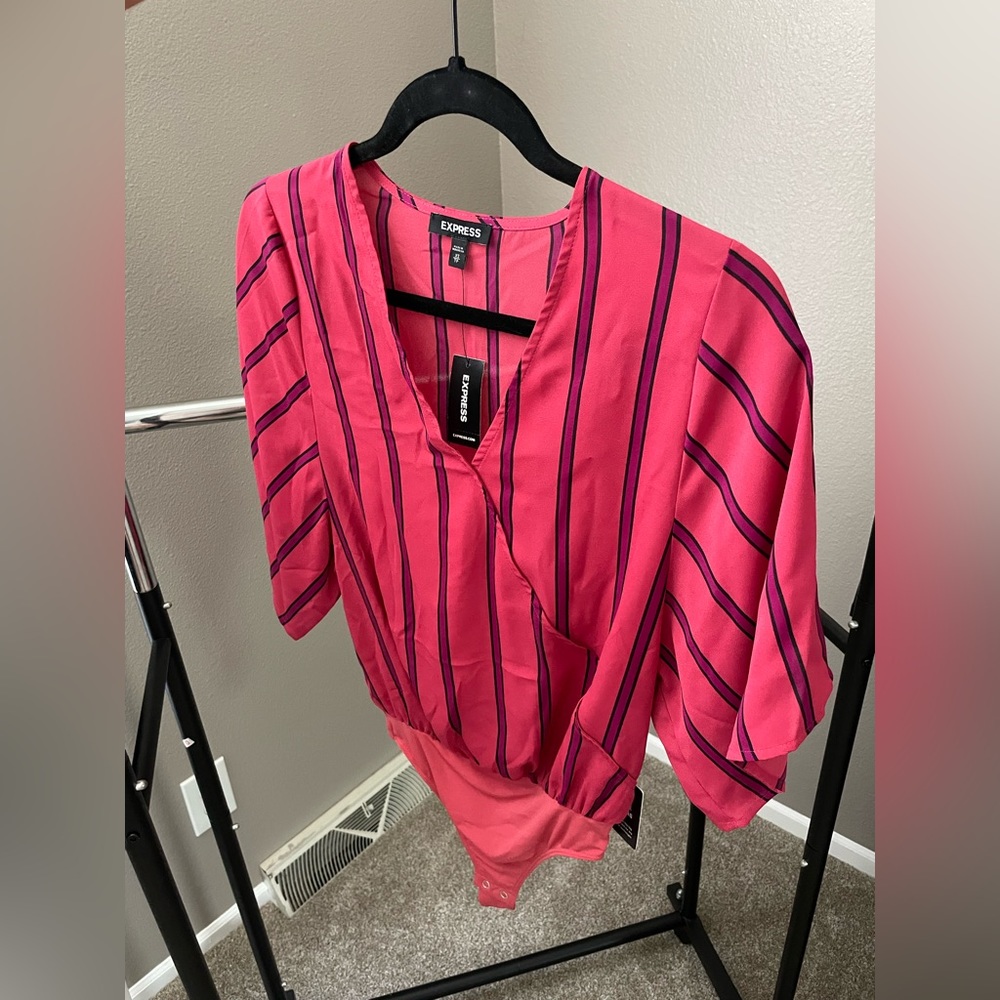 Express V-neck Pink Striped Bodysuit